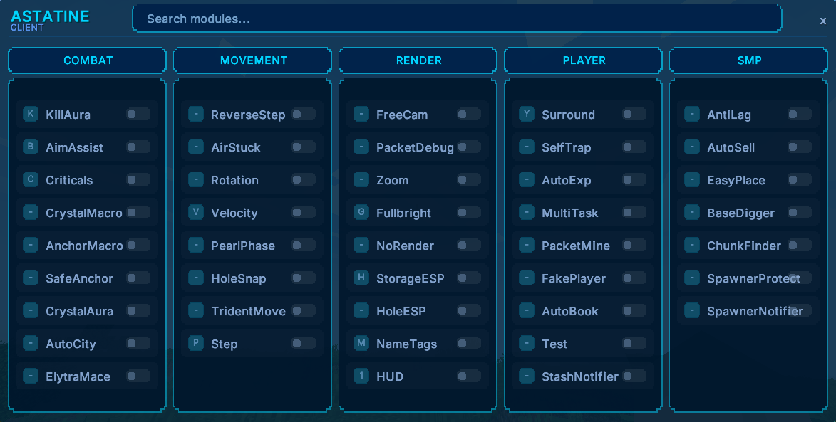 ClickGUI AstatineClient với các nhóm module Combat, Movement, Render, Player và SMP